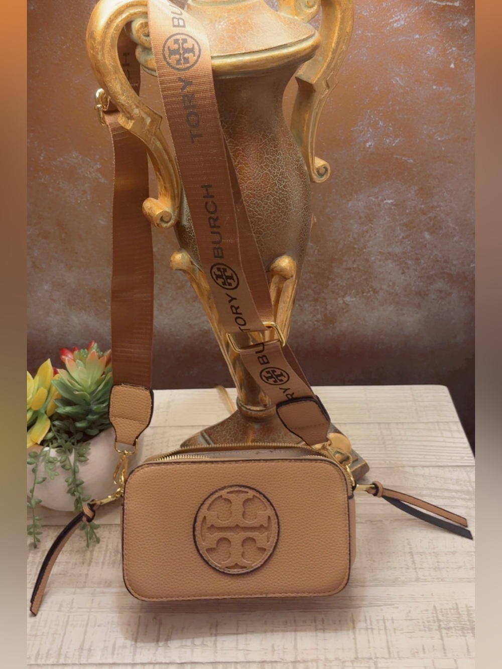 New ~ Designer Tan Pebbled Leather Crossbody Camera Bag with Logo Strap